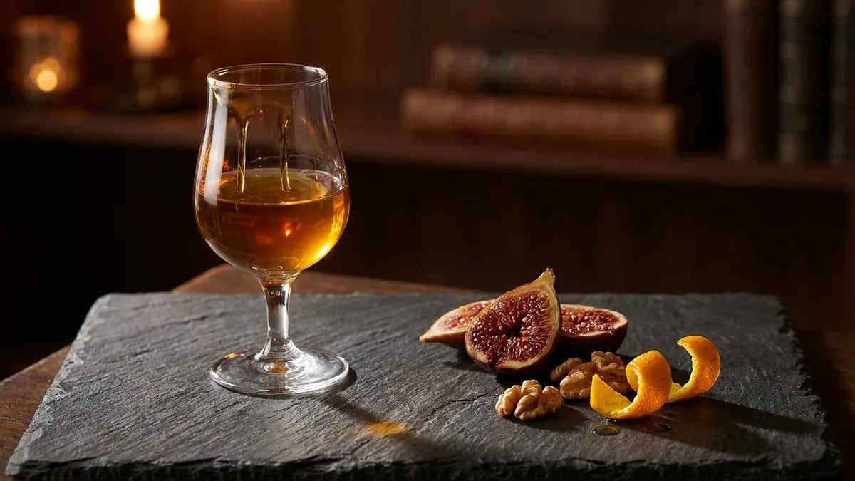 A small fortified wine glass next to a Tawny Port bottle