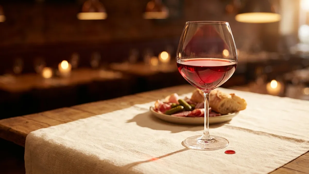 A pour of medium-high ABV red wine with the bottle's ABV visible on the label