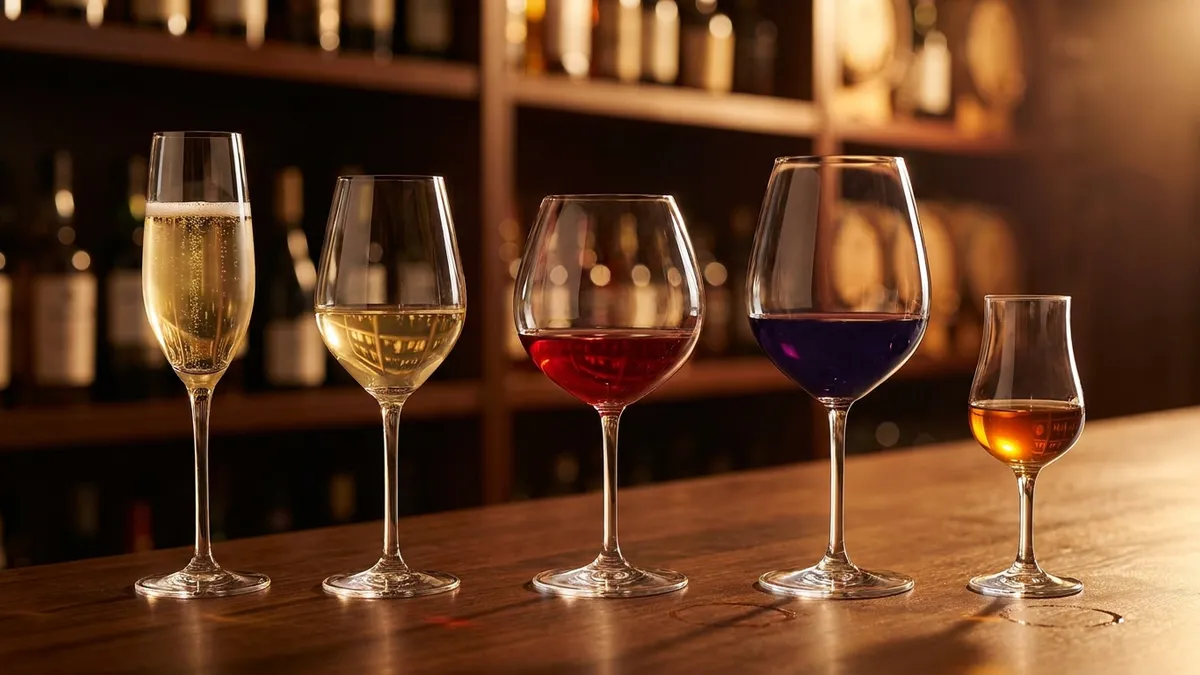 A row of wine glasses showing pours from low-ABV white wine to dark fortified wine