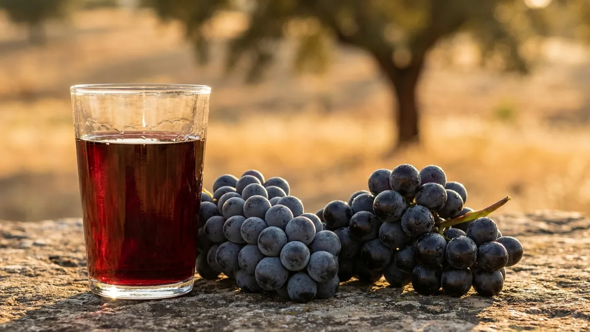 Glass of deep ruby Alentejo red wine beside ripe Aragonez and Alicante Bouschet grape clusters on a sunlit stone table