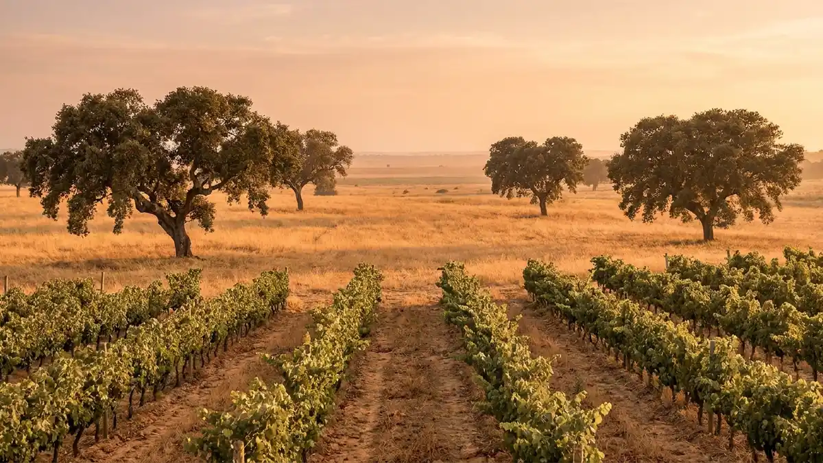 Wide golden Alentejo plain at sunset with low vineyard rows and scattered cork-oak trees casting long shadows