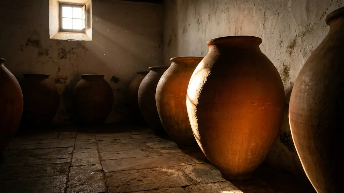 Tall traditional clay talha amphorae lined up in a dim Alentejo cellar, warm light catching their rounded earthenware surfaces