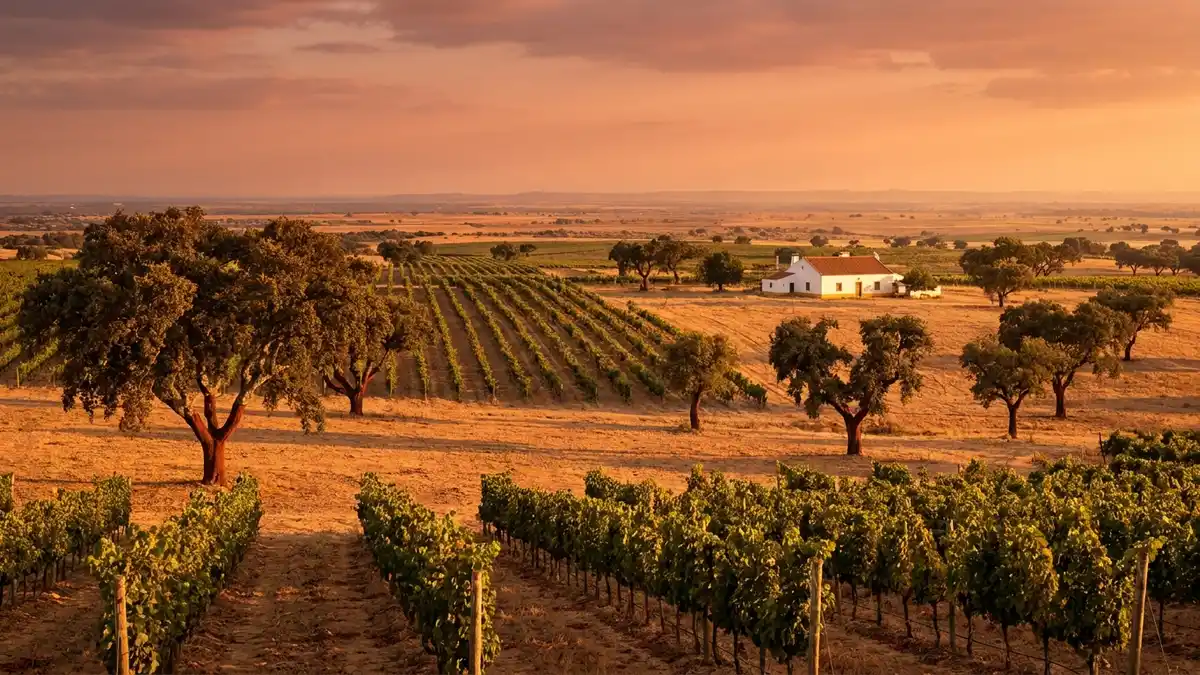 Wide golden Alentejo plain in southern Portugal at sunset, low vineyard rows running toward scattered cork-oak trees and a whitewashed farmhouse