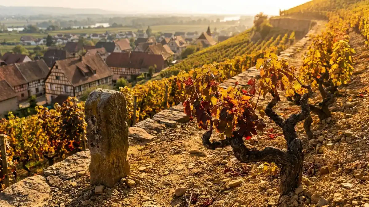 A steep Alsace Grand Cru vineyard slope with old vines in warm afternoon light, the village and plain stretching out below