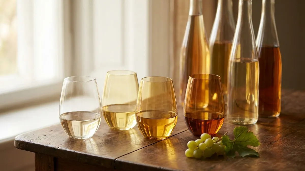 Four glasses of Alsace white wine in tall flute-shaped bottles on a wooden table, pale gold to deeper amber, soft natural window light
