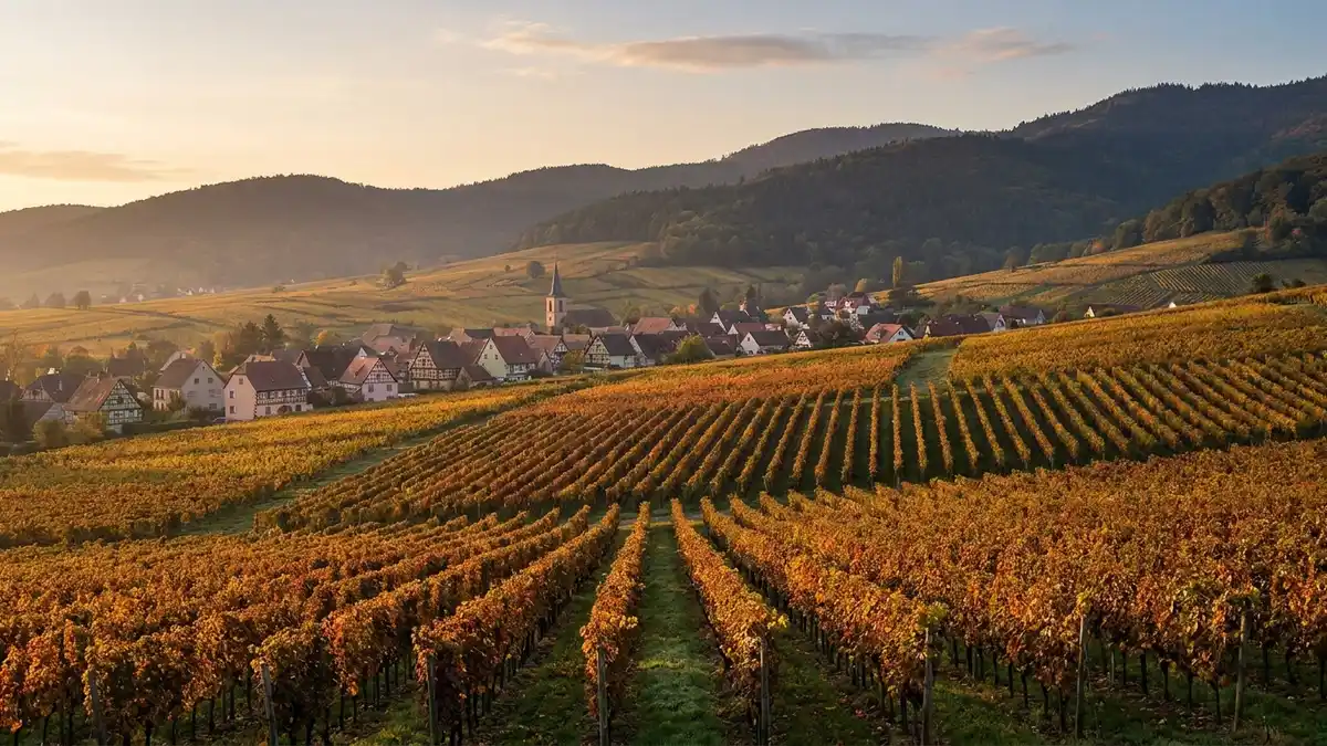 Terraced Alsace vineyards on the eastern slopes of the Vosges mountains in autumn, neat vine rows above a half-timbered village at golden hour
