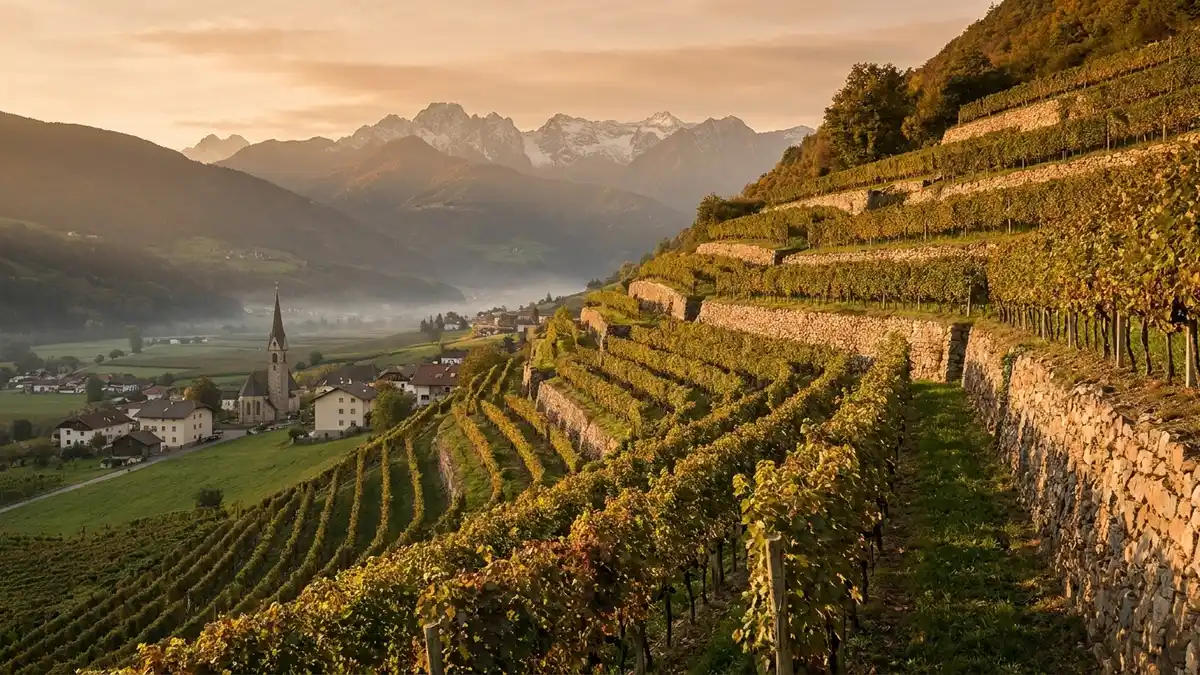 Steep terraced vineyards climbing an alpine valley in Alto Adige, snow-dusted Dolomite peaks rising behind neat rows of vines at golden hour