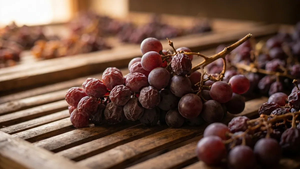 A close-up of a dark red grape cluster on a bamboo rack, its berries wrinkled like raisins after weeks of drying