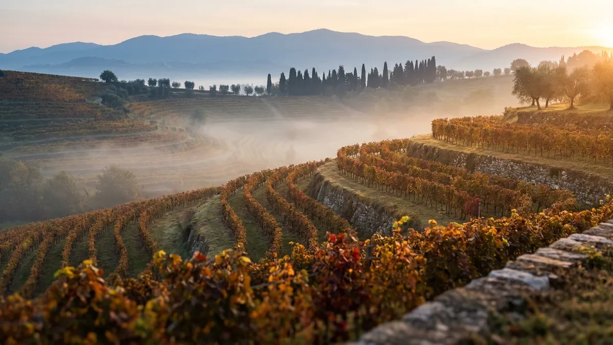 Rolling vineyard terraces in the Valpolicella hills north of Verona in autumn, with morning mist in the valleys