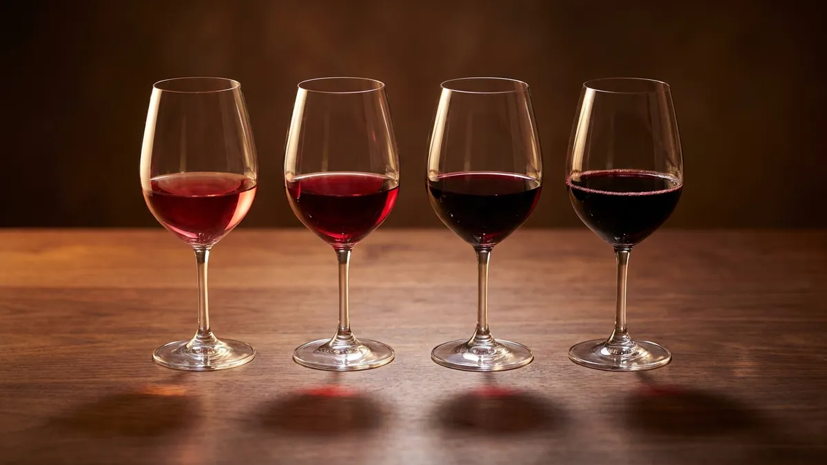Four glasses of red wine in a row on a dark wooden table, their colour deepening from light ruby to near-black garnet