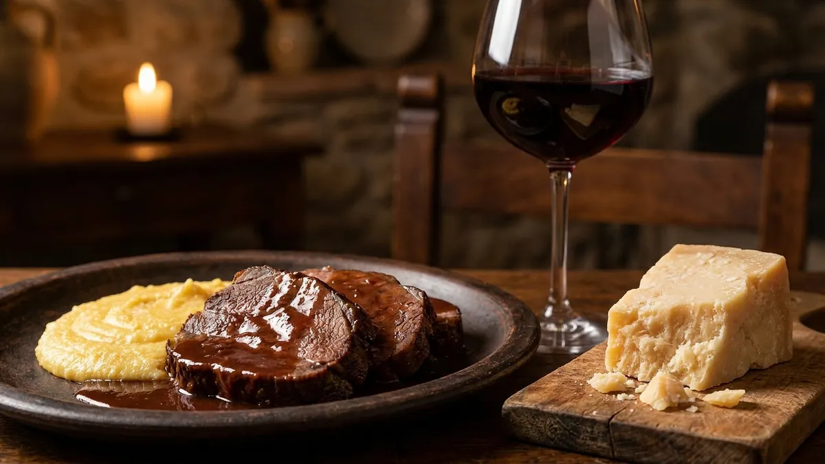 Slow-braised beef in dark red wine sauce with polenta and a wedge of aged hard cheese beside a glass of deep garnet Amarone