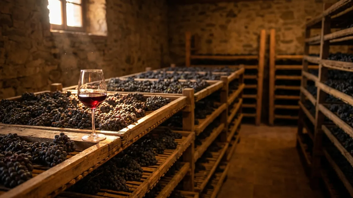 Dark red grape clusters drying on wooden racks in a dim Italian loft, with a glass of deep garnet Amarone in the foreground