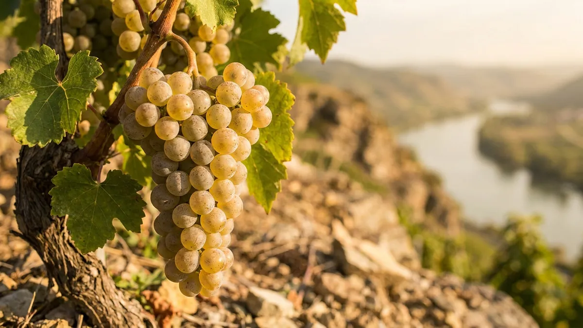 Close-up of ripe Riesling grape clusters on the vine on a stony terraced slope above the Danube, warm golden light and out-of-focus river beyond