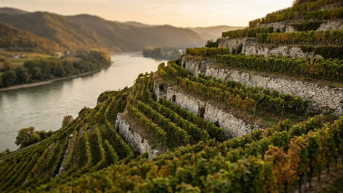 Steep terraced vineyards rising above the Danube River in the Wachau valley of Austria, rocky slopes and neat green vine rows under warm afternoon light