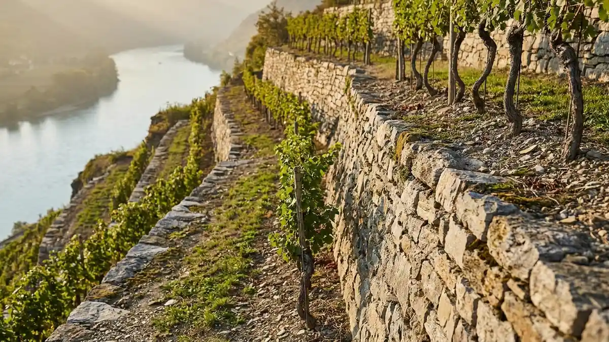 A steep stone-walled vineyard terrace in the Wachau valley with weathered dry-stone retaining walls, green vines, and the Danube curving below in soft afternoon haze