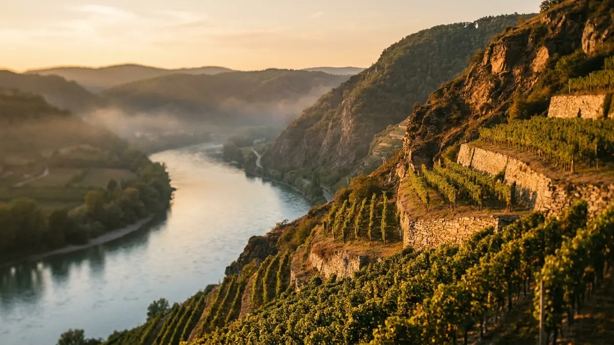 Steep terraced vineyards above the Danube River in the Wachau valley of Austria at golden hour, neat rows of vines climbing rocky slopes