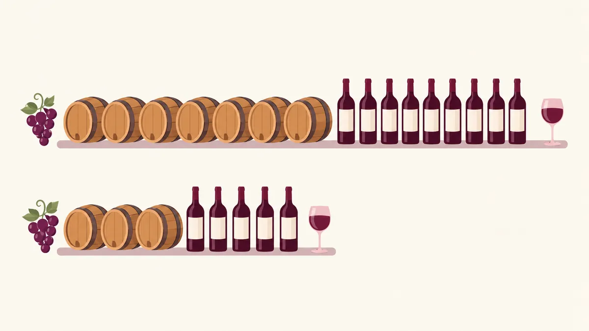 Diagram of two cellar-ageing paths: a long track of barrels then bottles above a shorter track with fewer barrels