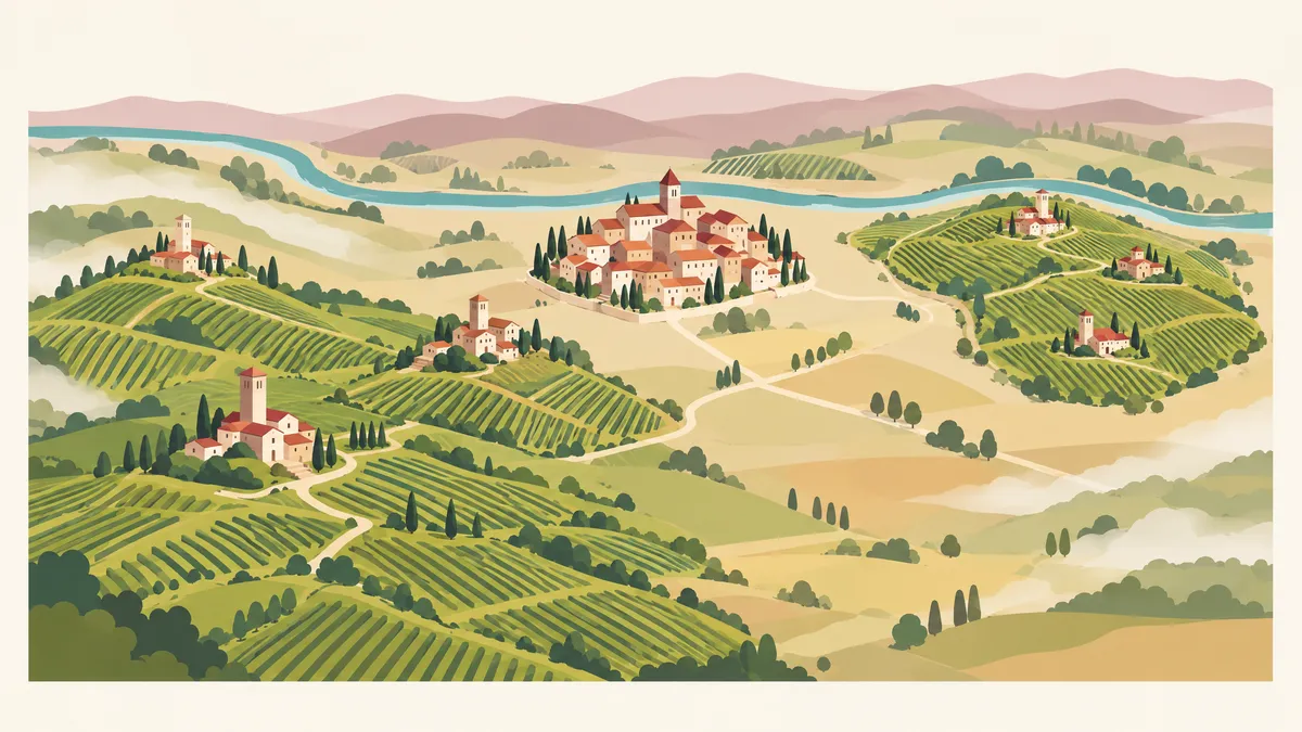 Illustration of two vine-covered hill zones around a small town, a larger zone to the southwest and a smaller one to the east beside a curving river