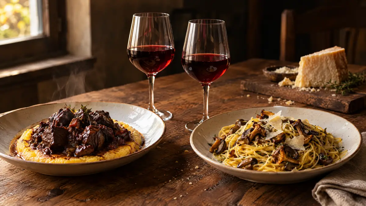 Braised beef on polenta and buttered egg pasta with mushrooms on a wooden table, two glasses of pale garnet red between them