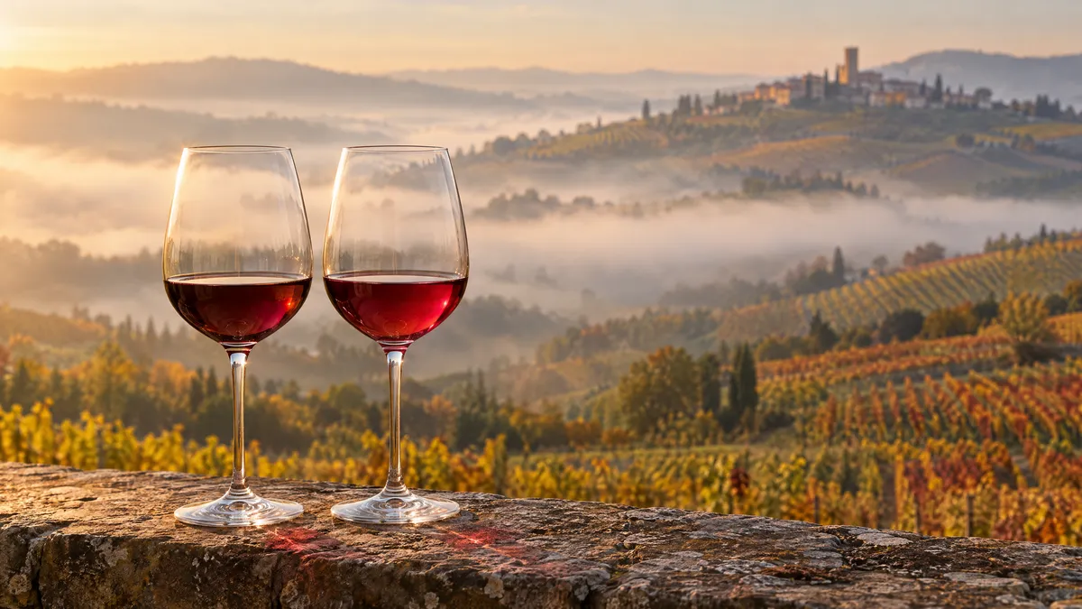 Two glasses of pale garnet Nebbiolo side by side on a stone ledge, with foggy autumn vineyard hills behind