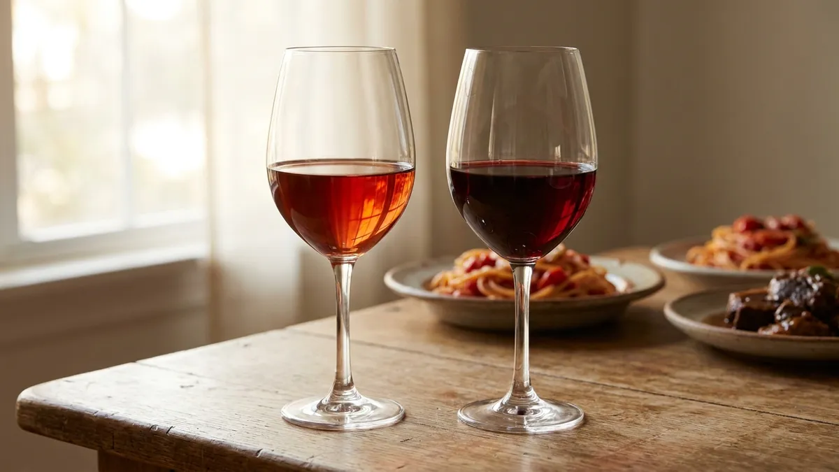 Two glasses of red wine on an oak table, one pale garnet with an orange rim and one brighter ruby, with tomato pasta and braised beef behind