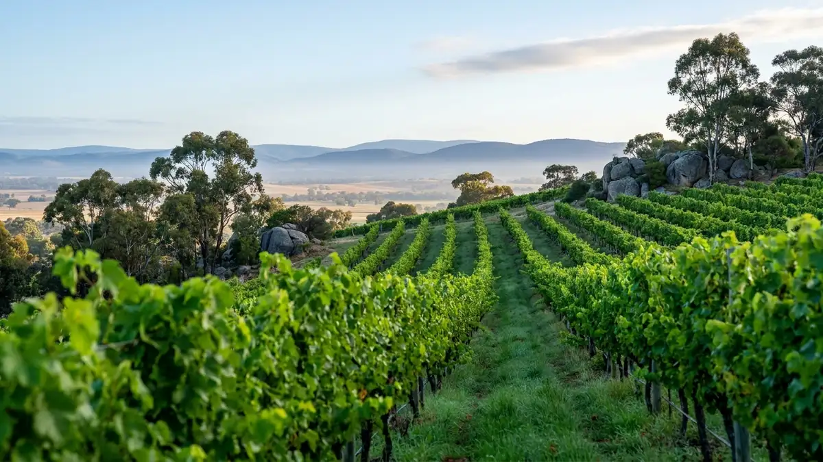 Cool high-altitude Eden Valley vineyard above the Barossa, neat green Riesling rows with hazy hills in the distance