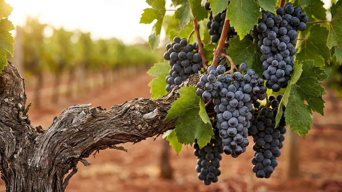 Gnarled old Shiraz vine trunk in a sunlit Barossa Valley vineyard, ripe dark grape clusters against red-brown soil