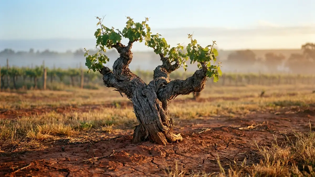 Weathered century-old Shiraz vine with a thick twisted trunk standing alone in a Barossa Valley vineyard at sunrise