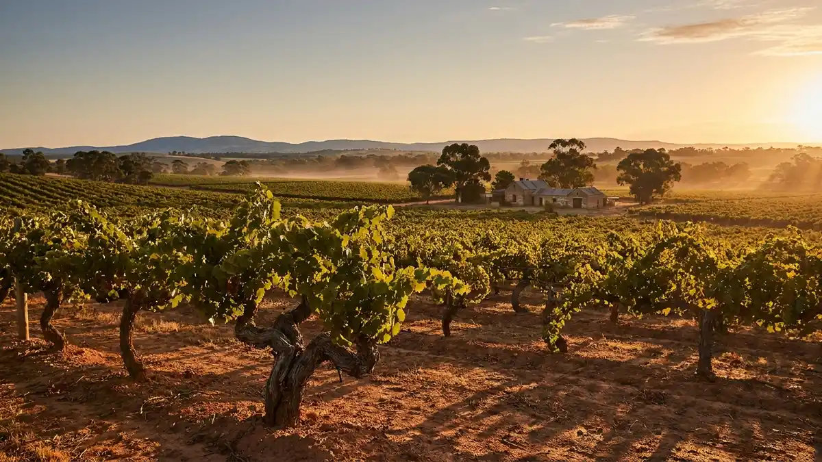 Rolling Barossa Valley vineyards in South Australia at golden hour, gnarled old Shiraz vines on red-brown soil under a warm sky