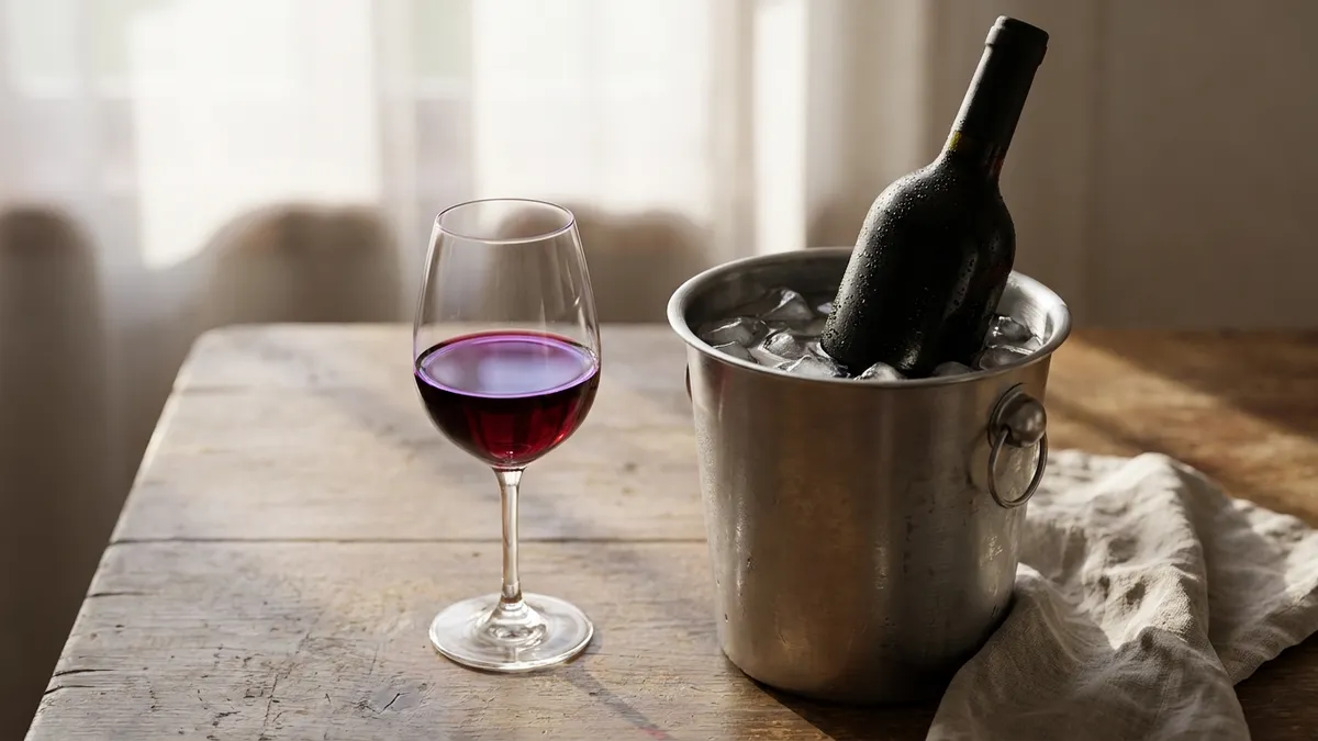 An unlabelled wine bottle in a metal ice bucket next to a glass of young purple-red wine on a wooden table
