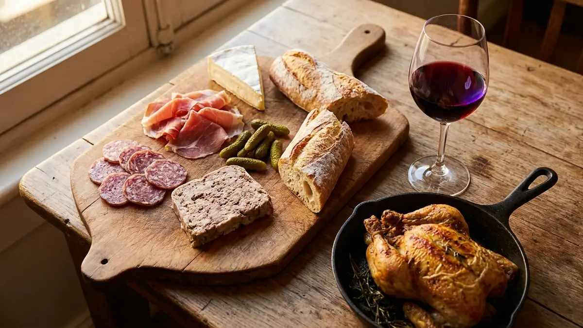 A wooden board with sliced sausage, ham, pâté, soft cheese and baguette beside a roast chicken and a glass of young purple-red wine