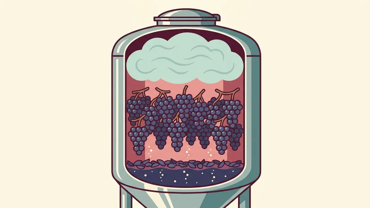 Cutaway illustration of a closed fermentation tank full of whole grape bunches, a layer of crushed juice at the bottom and a cloud of gas at the top