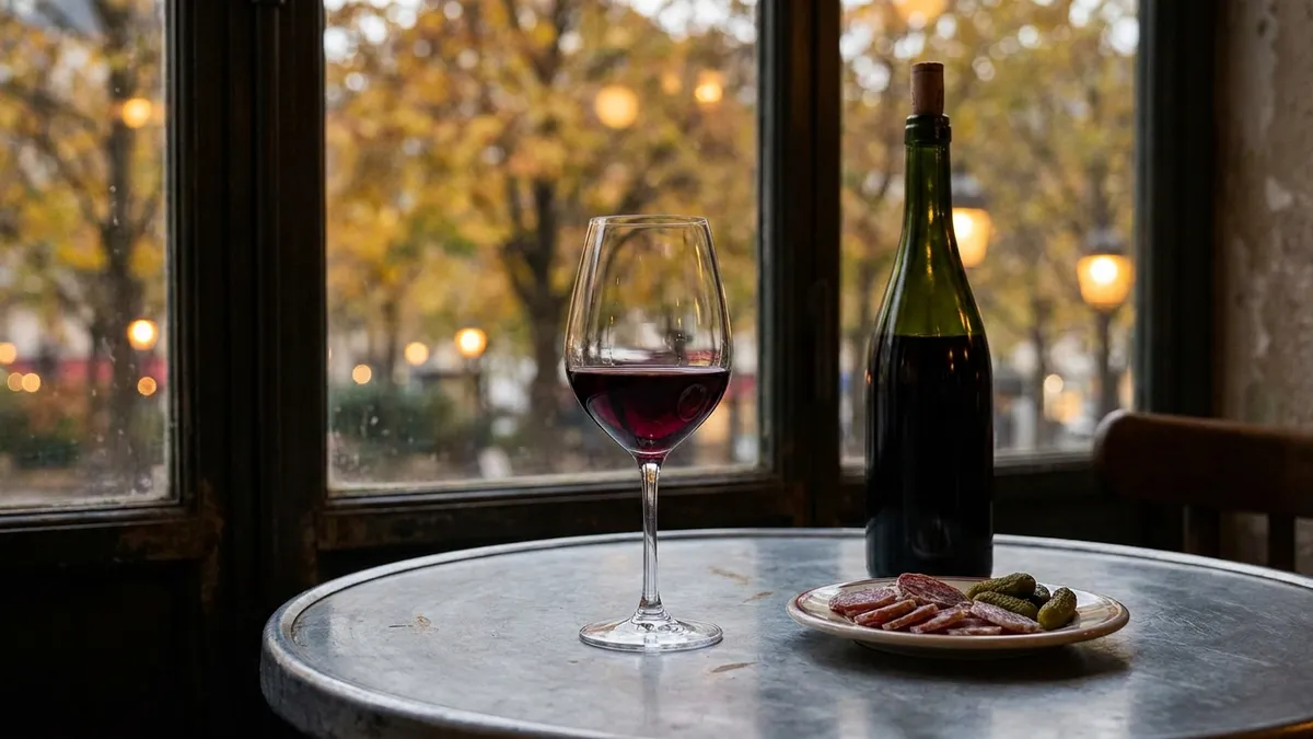 A glass of young purple-red Beaujolais Nouveau on a zinc café table in late autumn, with sliced sausage and blurred golden leaves outside the window