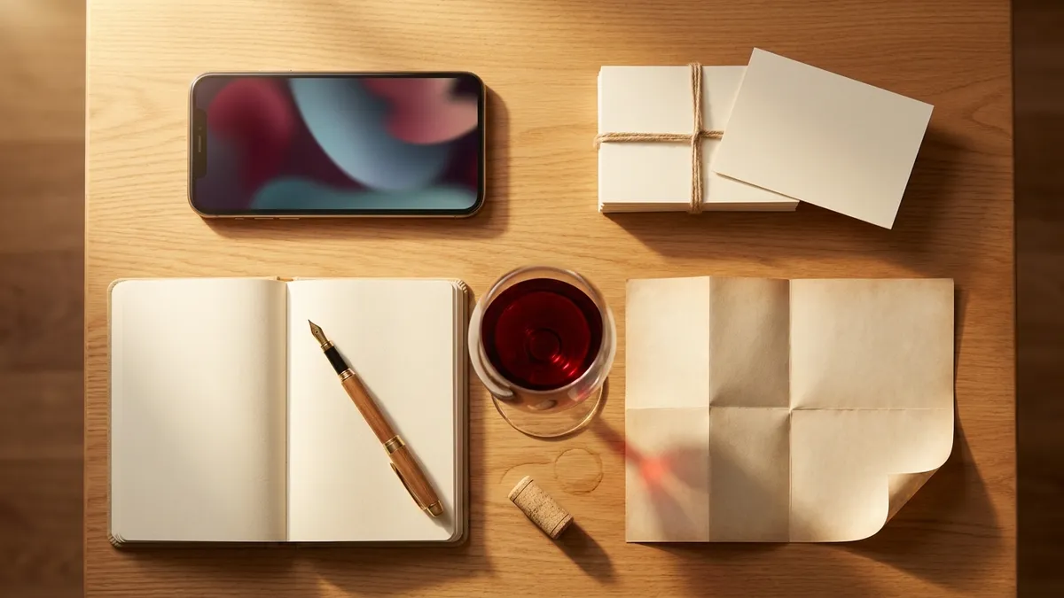 Four wine-learning tools arranged on a warm oak table: a smartphone with a softly glowing abstract interface, a stack of blank study cards, an open notebook beside a glass of ruby red wine, and a folded map, lit by golden window light