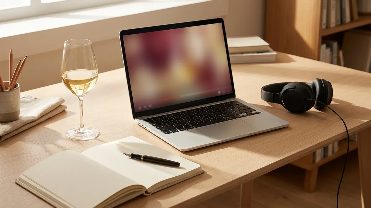 A laptop open on a tidy desk showing a softly blurred abstract video frame, a pair of over-ear headphones beside it, an open notebook with a pen, and a glass of pale gold white wine catching afternoon window light