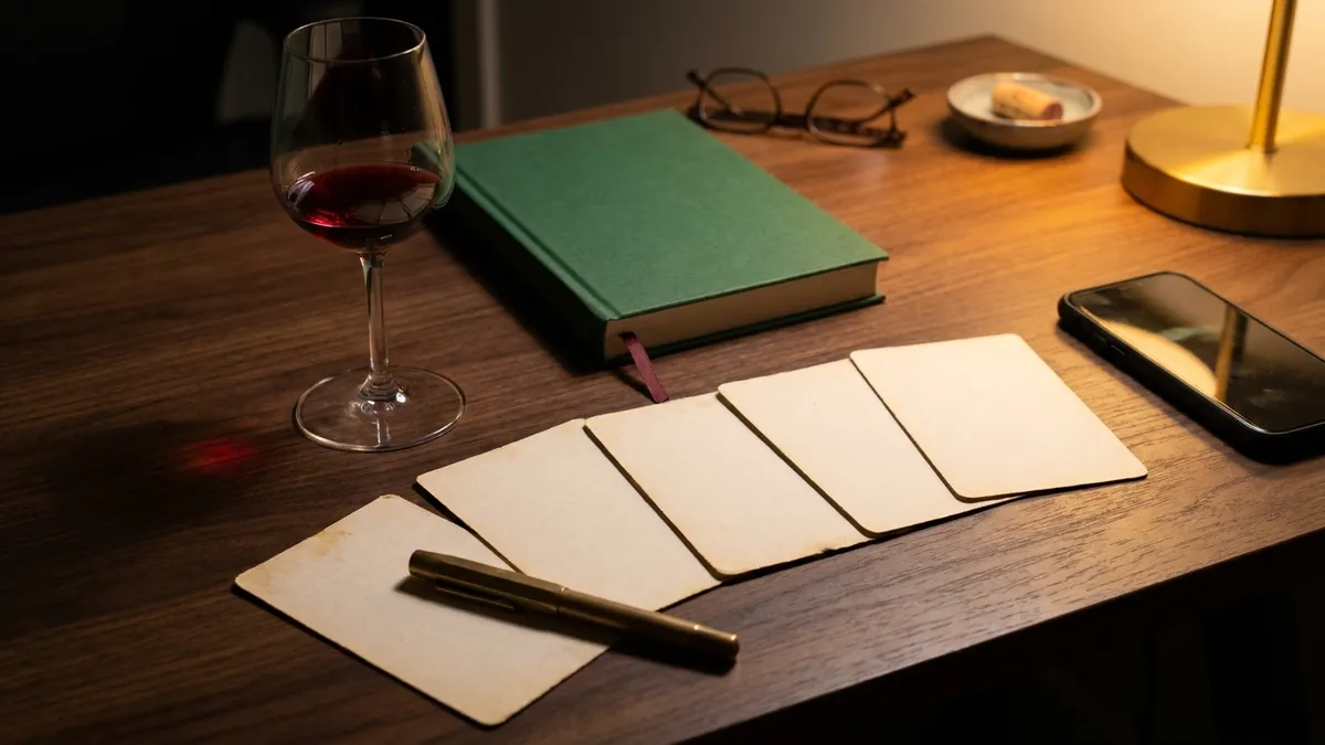 An evening study desk under a warm lamp: a neat row of blank cream flashcards, a pen, a glass of garnet red wine, and a closed clothbound book, with a smartphone resting beside the cards