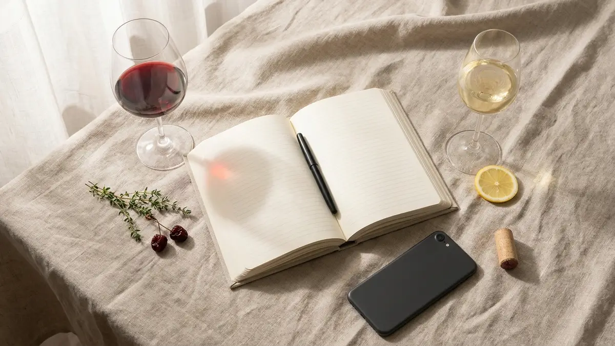 An open handwritten tasting journal with blank lined pages and a fountain pen, flanked by two wine glasses, one ruby red and one pale straw, with a smartphone face-down beside them on a linen-covered table in soft morning light
