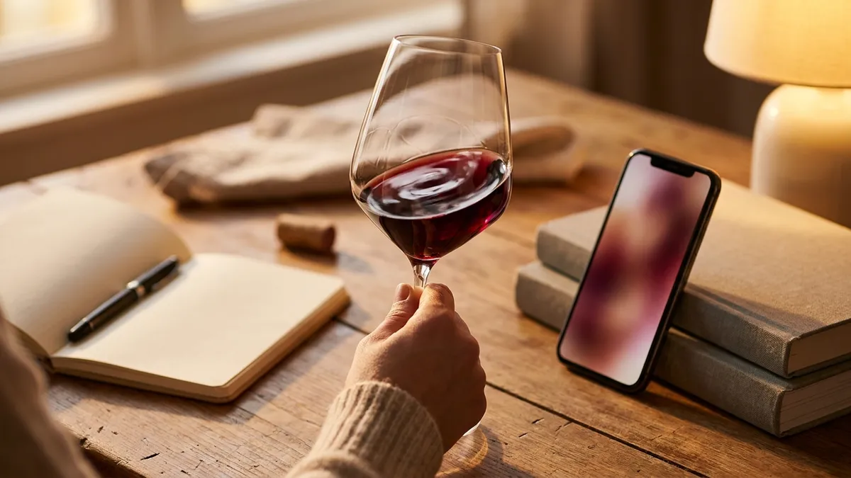 A hand swirling a glass of ruby red wine over a warm wooden table, with a smartphone propped nearby glowing softly and an open notebook with a pen, in intimate golden evening light