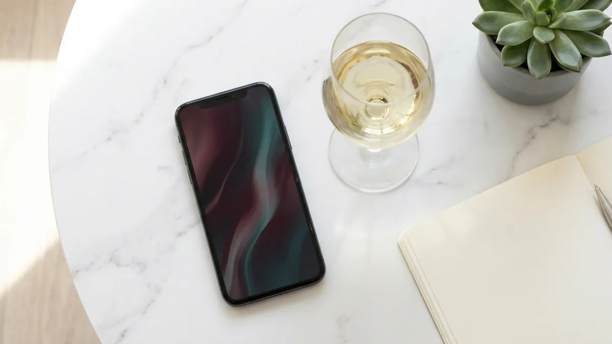 Modern smartphone on a marble surface next to a wine glass and open notebook, suggesting wine study and education