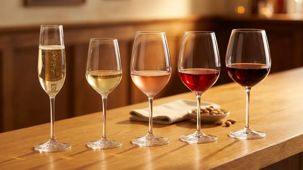 A flight of ten wine glasses arranged in a curve, each holding a different style from pale sparkling to deep red, lit warmly on a wooden bar