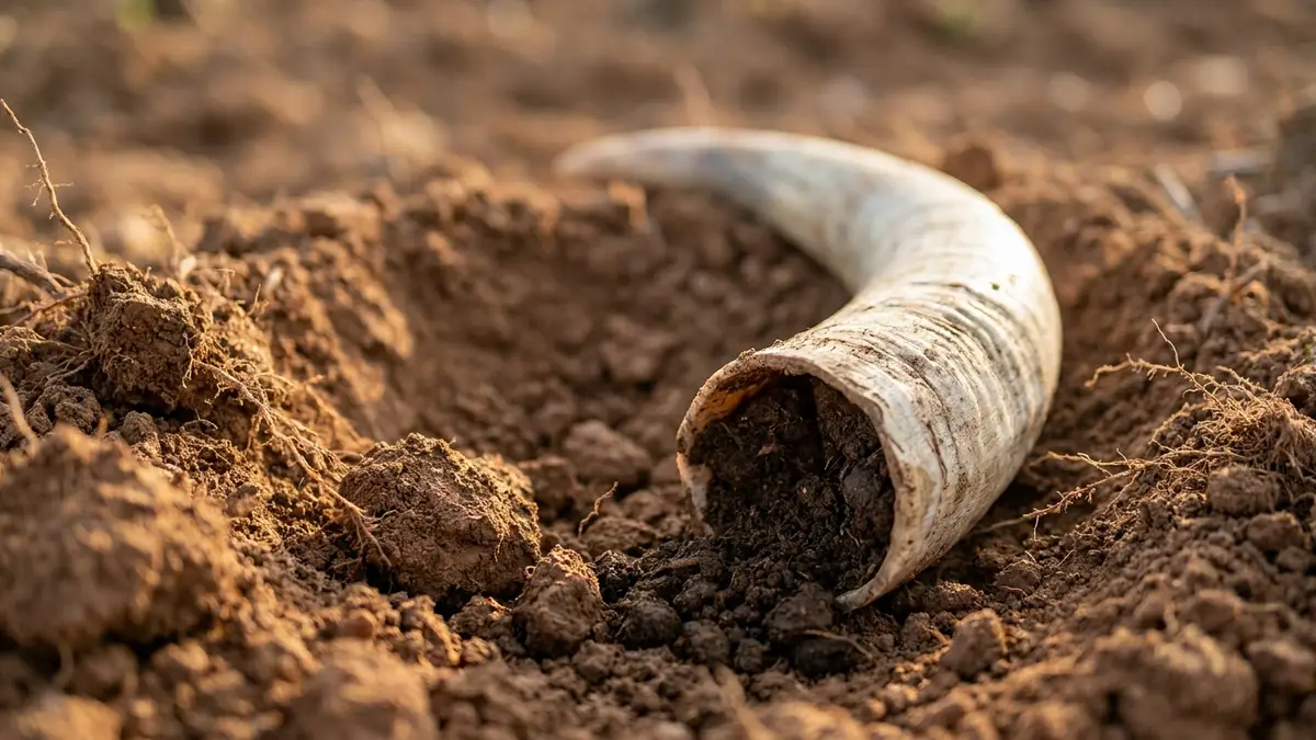 A cow horn packed with dark manure resting in freshly dug vineyard soil, the classic biodynamic preparation 500