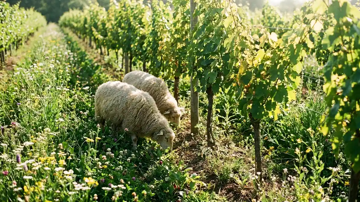 A vibrant vineyard row flanked by wildflowers, cover crops, and grazing sheep, showing the biodiversity central to biodynamic farming