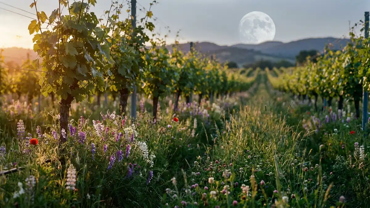 A biodiverse vineyard at dusk with wildflowers and cover crops between the rows and a bright moon rising over the hills