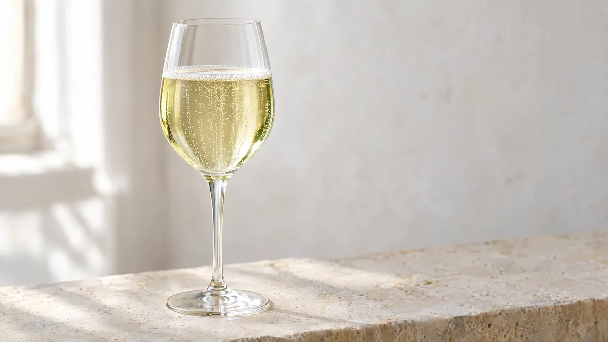 A tulip-shaped glass of pale lemon-gold sparkling wine with fine streams of bubbles, on a pale limestone ledge in soft morning light