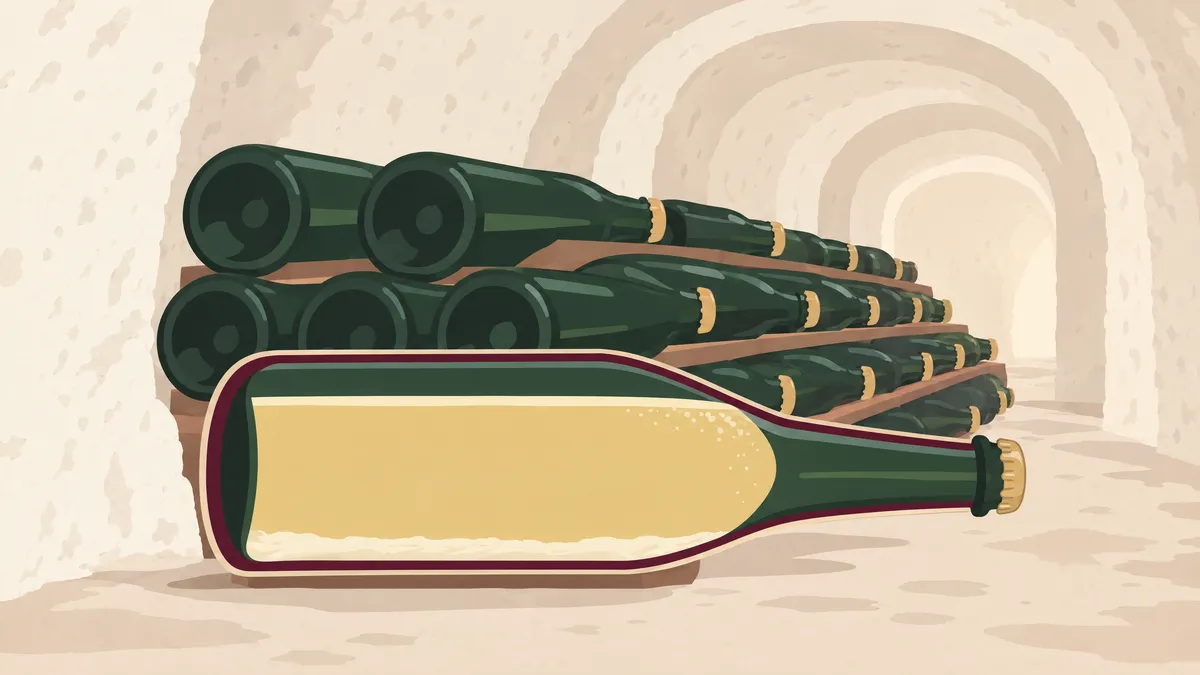 Illustration of sparkling wine bottles lying on their sides in a chalk cellar, with a thin layer of pale yeast sediment along the lower side of one bottle