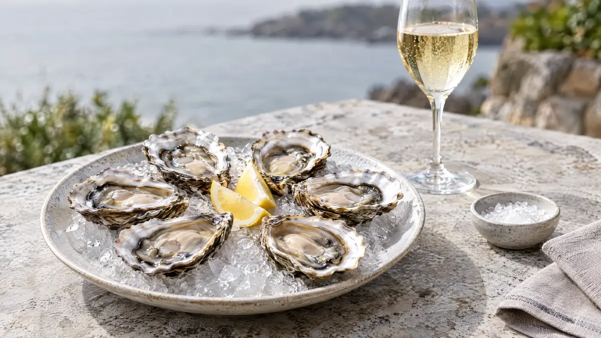 Six raw oysters on crushed ice with lemon wedges beside a glass of pale sparkling wine on a light grey stone table