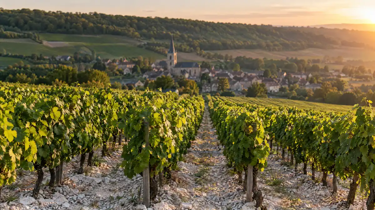 A gentle east-facing vineyard slope at sunrise with green vine rows over pale chalky soil and a village church spire at the foot of the hill