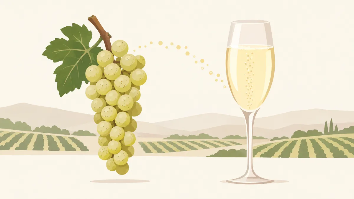 Illustration of a pale Chardonnay grape cluster beside a tall glass of pale lemon-gold sparkling wine with fine bubbles
