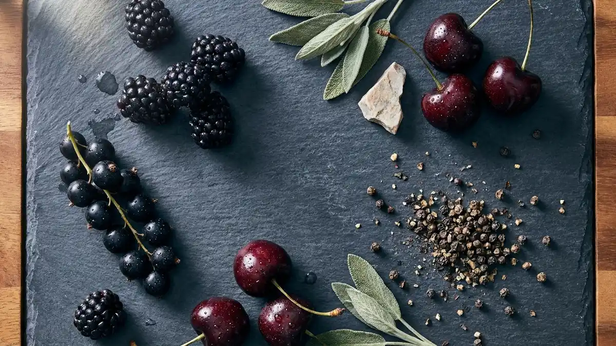 A flat-lay of Blaufränkisch tasting cues: blackberries, blackcurrants, dark cherries, and cracked black pepper arranged on a slate board