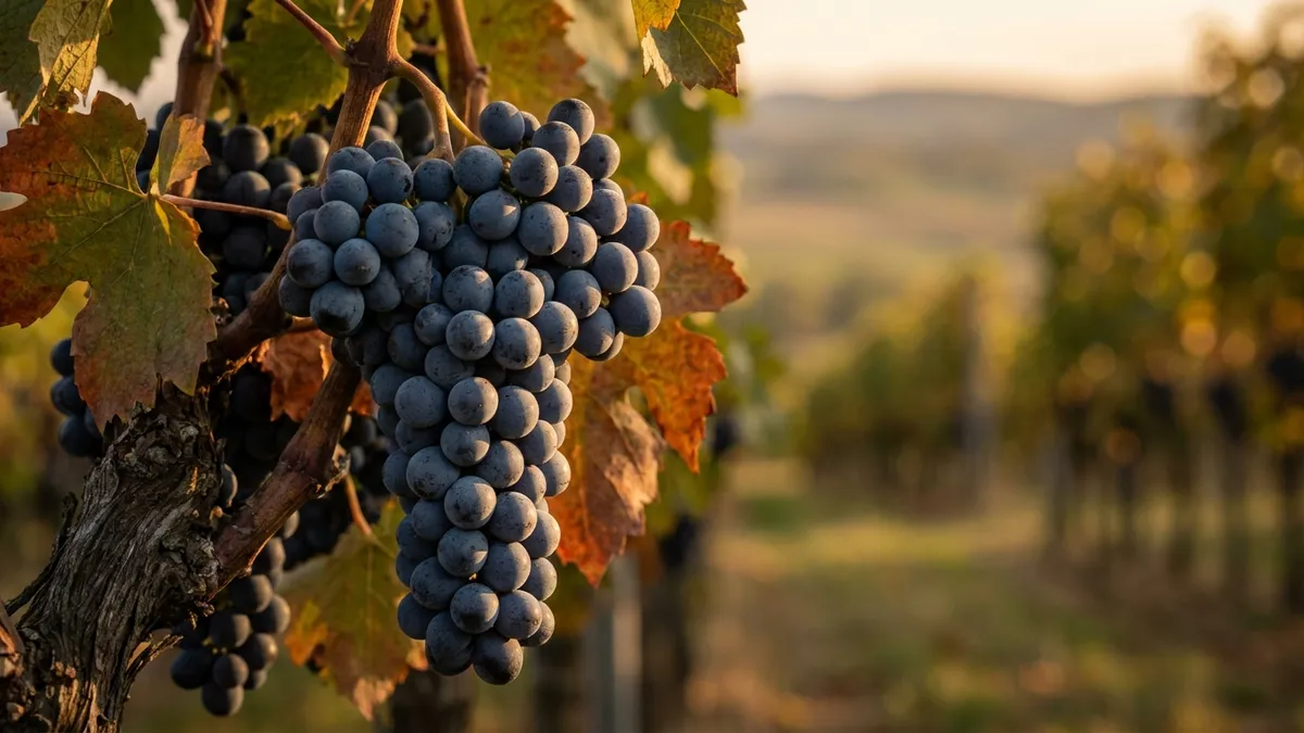 A vineyard of blue-black Blaufränkisch grapes ripening on the vine in Austria's Burgenland under warm autumn light